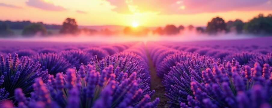 Gentle mist rising from a lush lavender field at dawn, morning, lavender
