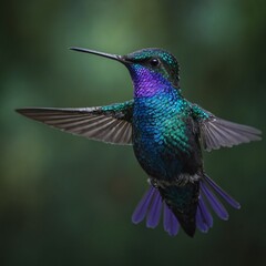 Obraz premium Close-up of a vibrant blue hummingbird, Campylopterus hemileucurus (Violet Sabrewing), suspended mid-air with its iridescent feathers shimmering. 