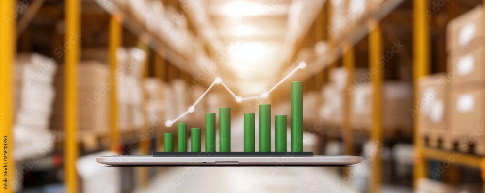 Poster a digital graph displaying growth trends is superimposed on a blurred warehouse background filled wi