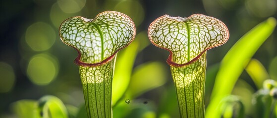 A close-up shot of two pitcher plants, showcasing their unique shape, texture, and coloration, Bathed in warm light, used as background and product display.