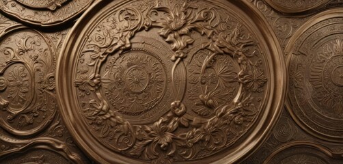 Pattern of hammered bronze plates with intricate engravings, traditional, cultural, old world charm