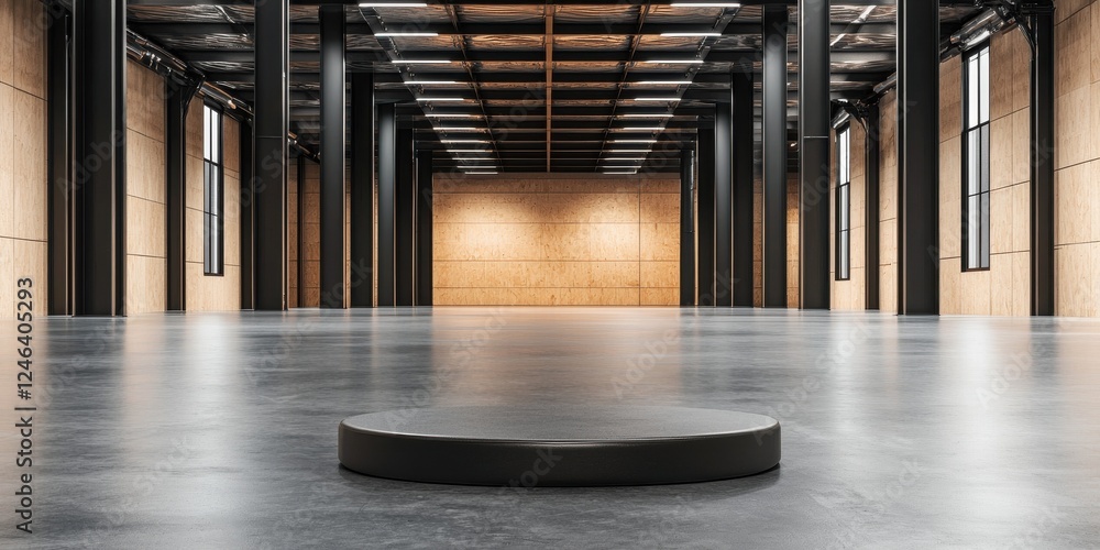 Poster a spacious, modern interior featuring high ceilings, large columns, and a circular platform in the c