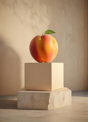 Peach cube on beige pedestal with empty space above, artificial backdrop, empty, cube
