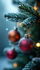 Frozen water droplets on a Christmas tree branch with colorful spheres, , ornament, snowflake