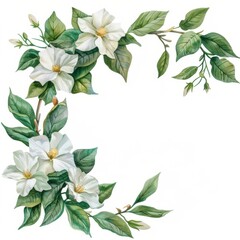 Fototapeta premium Elegant White Flowers and Green Leaves Arrangement on White Background