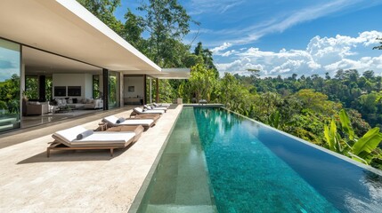 Fototapeta premium Modern Luxury Villa with Infinity Pool and Lush Green Landscape