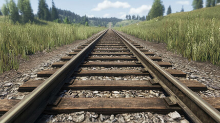 Obraz premium Serene Railway Tracks Stretching into the Distance Among Lush Greenery and Blue Sky