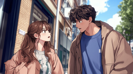 Girl asks for phone number from a hesitant guy on the street under clear skies