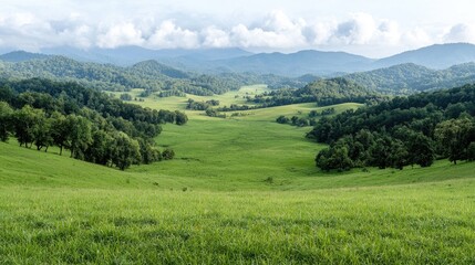 Obraz premium Rolling green hills, mountain valley vista, scenic landscape, travel postcard