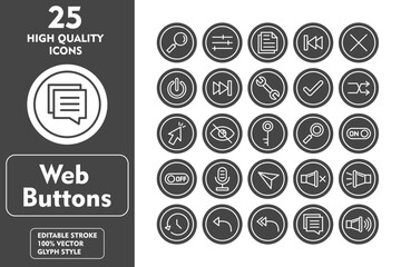 Web Buttons Glyph Icon Set. Incleded Icons zoom, adjust, file, previous, close, power button, fast forward, setting, correct. Vector Icons Collection