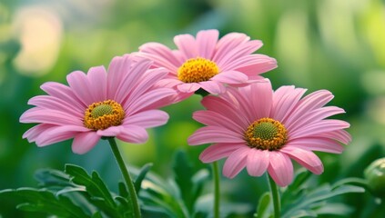 Three Pink Daisies in a Garden