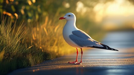 A seagull stands on a path in the warm glow of sunset, with blurred grass and trees in the background.