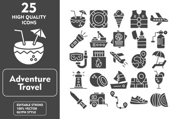Adventure Travel Glyph Icon Set. Incleded Icons coconut drink, lifesaver, ice cream, vest, plane, torch, ship, passport, lighter. Vector Icons Collection