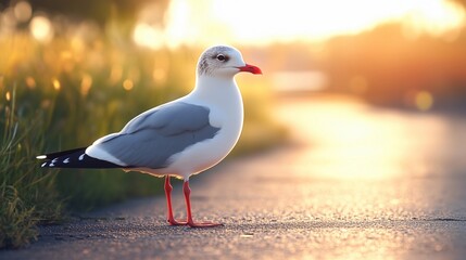 A seagull with gray wings and a red beak stands on a paved path, illuminated by the warm light of the setting sun.