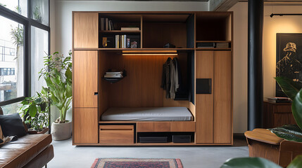 A stylish micro-apartment with multi-functional furniture and sleek storage solutions (2)