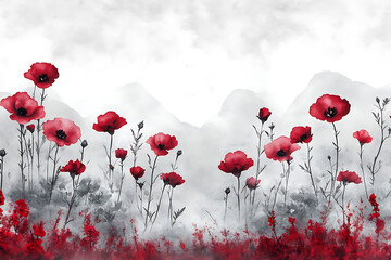 serene watercolor painting of red flowers against misty backdrop