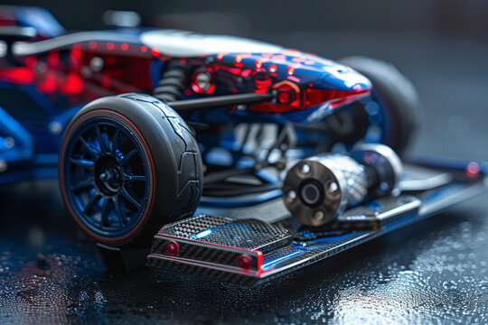 Tamiya Mini 4WD race car with a sleek red and blue aerodynamic design, carbon fiber chassis, and precision rollers on a dark reflective surface.