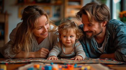 Fototapeta premium Family bonding over playful activities portrait image. Caucasian parents with toddler together on floor surrounded by toys picture photorealistic. Playtime concept photo realistic