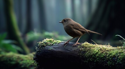 A small brown bird stands on a mossy log in the middle of a dark forest, bathed in warm light filtering through the branches. Blurred background. Used for background and ecosystem composition.