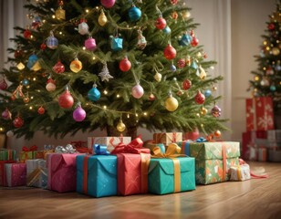 Presents wrapped in colorful paper under the Christmas tree, festive decorations, gift wrapping