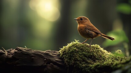A small brown bird stands on a mossy log in the middle of a lonely forest, bathed in warm light. Blurred background. Use for background and ecosystem composition.