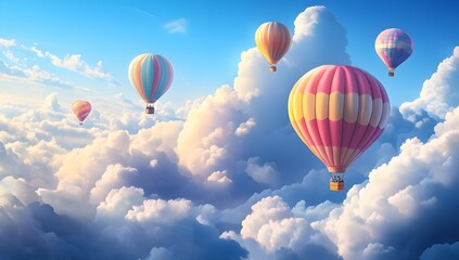 Fototapeta premium Colorful Hot Air Balloons Floating in the Sky Surrounded by Clouds
