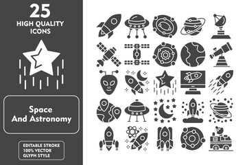 Space and Astronomy Glyph Icon Set. Incleded Icons Rocket, Crescent Moon, Rocket Launch, Planet, Launching, Rocket Science, Spaceship, Orbit. Vector Icons Collection