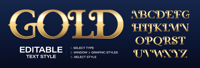 Golden alphabet and graphic style template, decorative letters and gold editable text effect. Customizable premium color style. Vector illustration