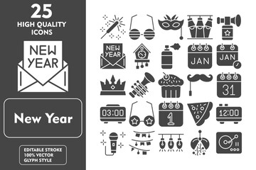 New Year's Glyph Icon Set. Incleded Icons Sparkler, Fun Glasses, Eye Mask, Spotlight, Air Horn, Card, Cuckoo Clock, Spray, January. Vector Icons Collection