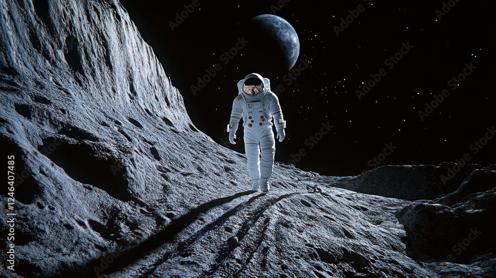 Poster an astronaut walks on a lunar surface with earth visible in the background.