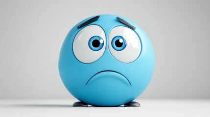 Blue Round Emotion Ball with Sad Face and Big Eyes on Surface