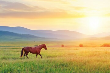 Obraz premium Beautiful Horse Galloping Freely in an Open Field at Sunset