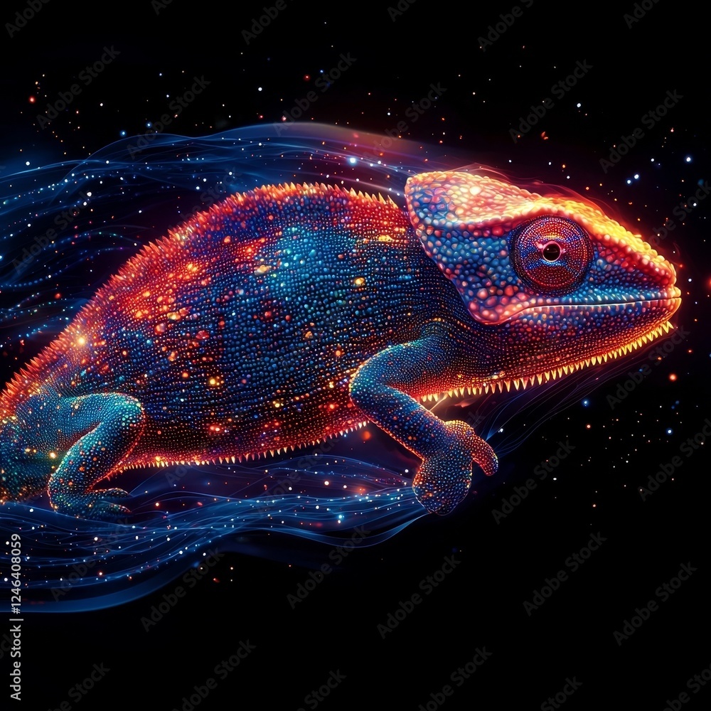 Poster neon chameleon blending into mesmerizing abstract light patterns in vibrant color gradients