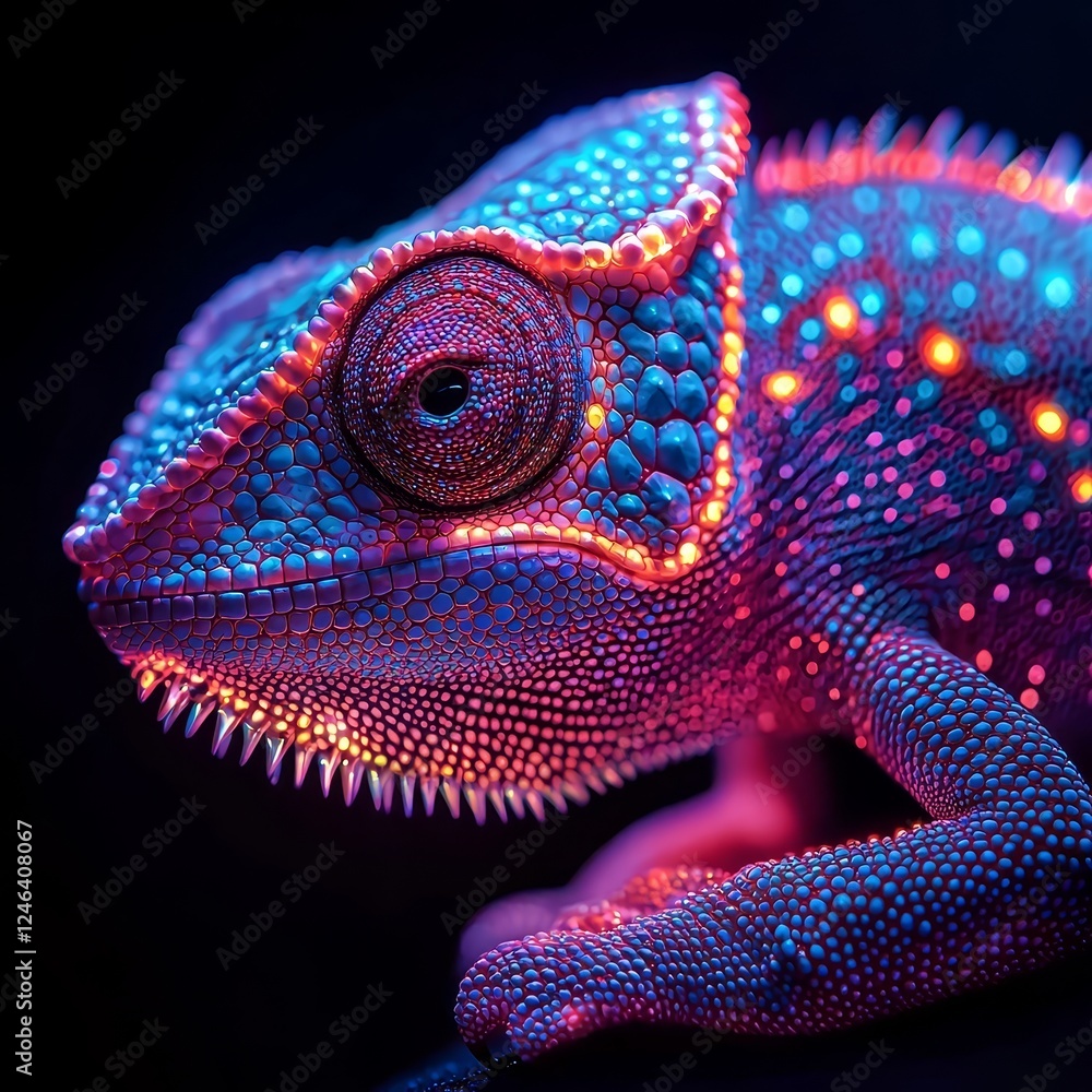 Poster neon chameleon blending into abstract light patterns with shifting rainbow gradients