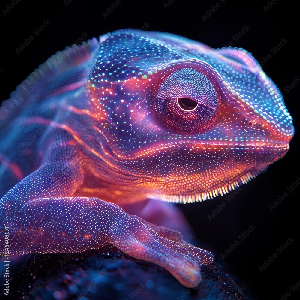 Aufkleber neon chameleon in abstract colorful light patterns on black background