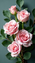 Obraz premium Pink and white roses intertwined with eucalyptus leaves, greenery, eucalyptus