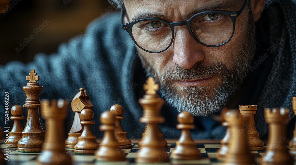 Poster wise chess player surrounded by symbols of intellect and strategy