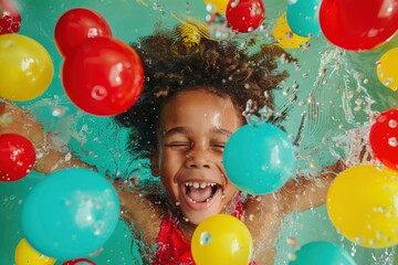 Joyful child submerged in colorful water balls, laughing and playing in a vibrant pool setting