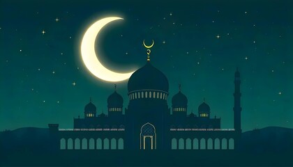 Majestic Mosque at Night Under a Crescent Moon