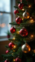 Decorated Christmas tree with festive lights and ornaments, Ornaments, Holiday ambiance, Festive atmosphere