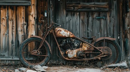 Fototapeta premium Vintage Rusty Motorcycle Leaning Against a Weathered Wooden Wall