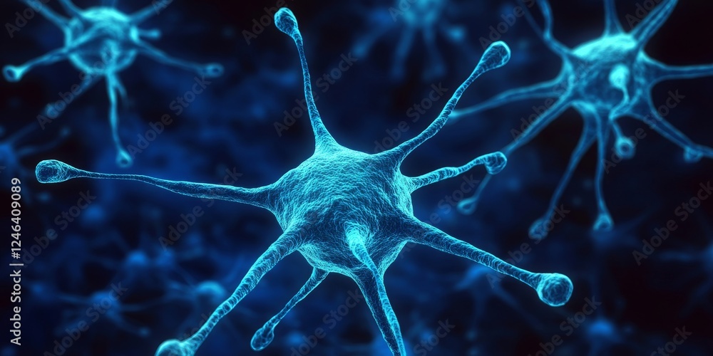 Poster glowing blue network on dark background nodes and connections in intricate microscopic pattern