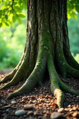 Roots and base of a large tree exposed to ground, pebbles, natural