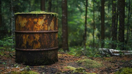 Fototapeta premium Abandoned Rusty Barrel Surrounded by Lush Forest and Moss