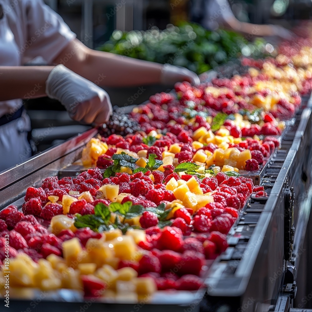 Poster automated conveyor belts sorting colorful fruits and vegetables at food processing factory