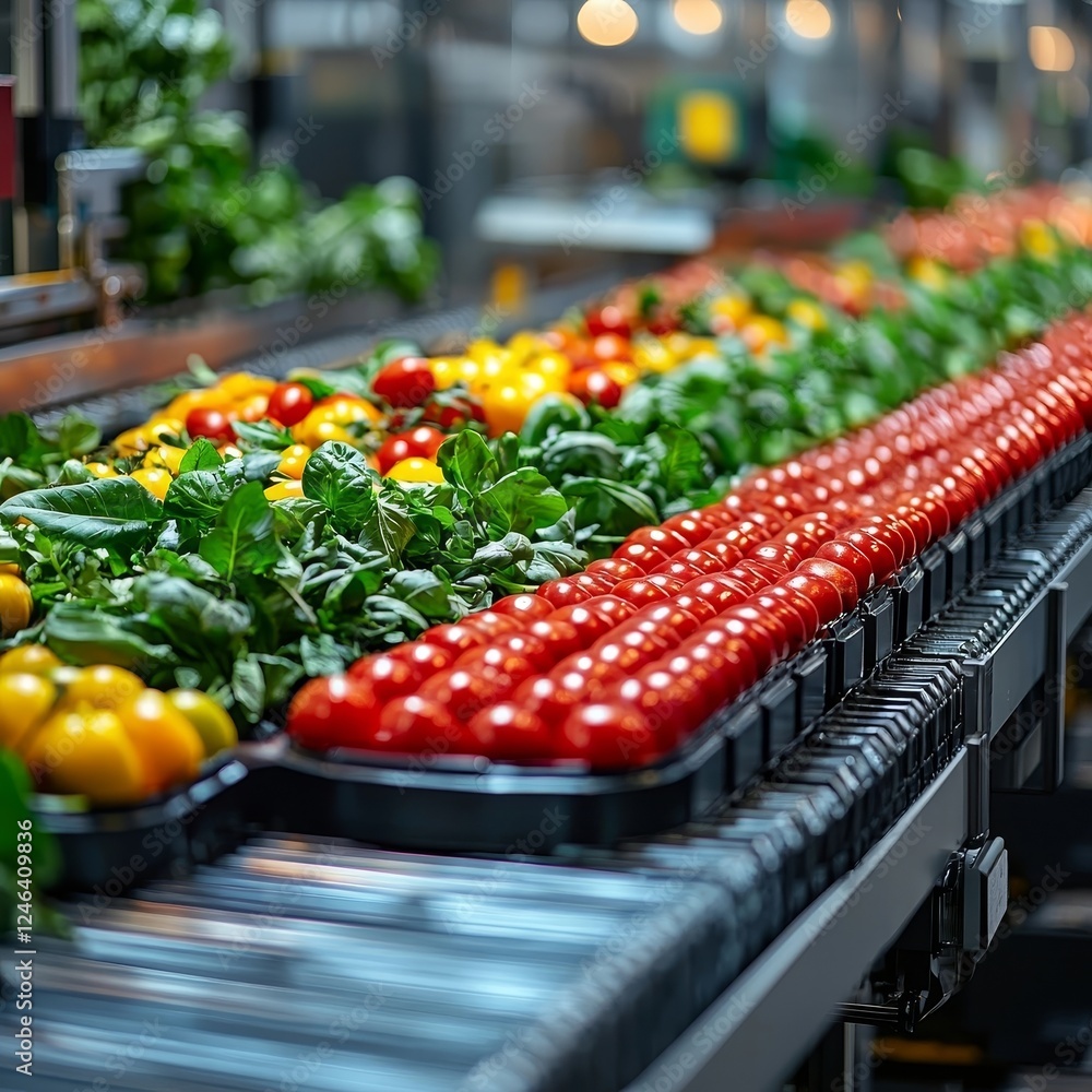 Poster automated conveyor belt sorting colorful fruits and vegetables in a food processing factory
