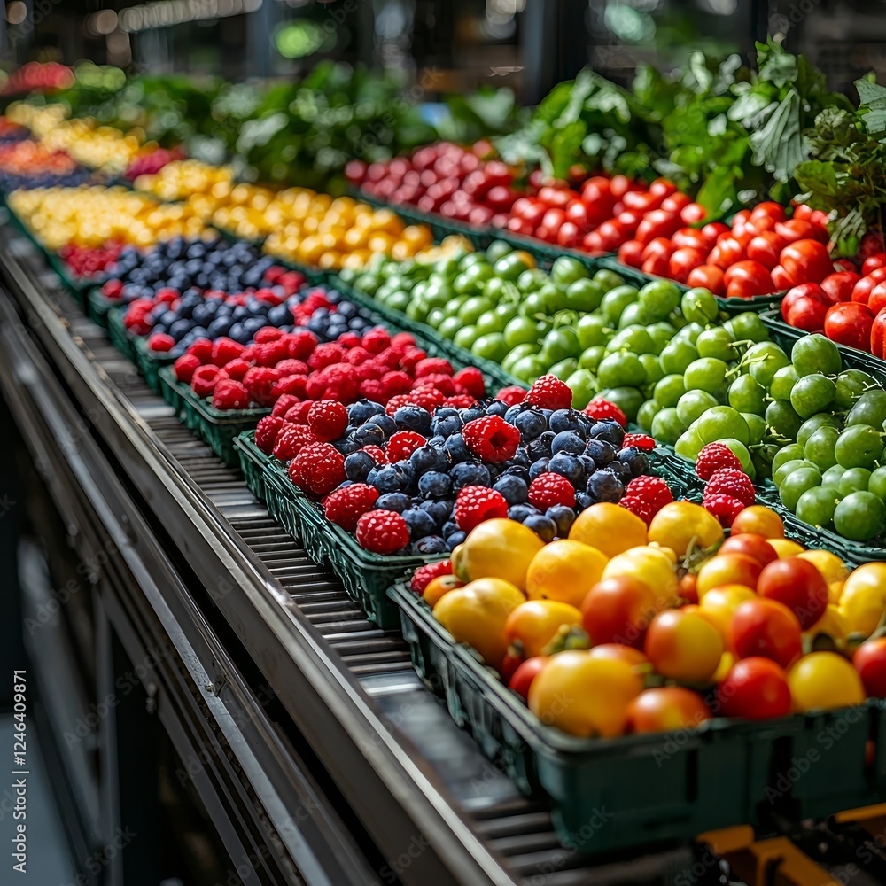 Poster colorful produce display in a modern food processing factory with automated conveyor belts