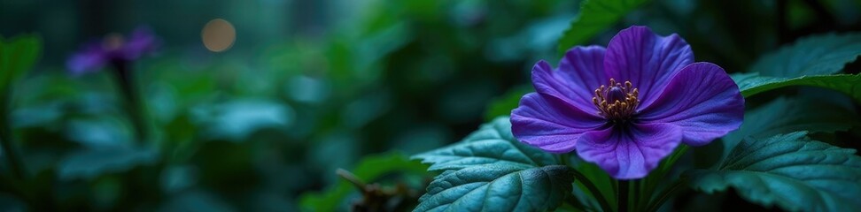 Dark indigo blooms unfold amidst verdant foliage, moody botanicals, forest floor