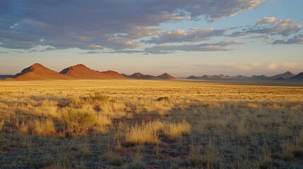 Fototapeta premium Expansive Desert Landscape at Sunset with Mountains in Distance