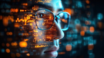 Man's face overlaid with digital code.